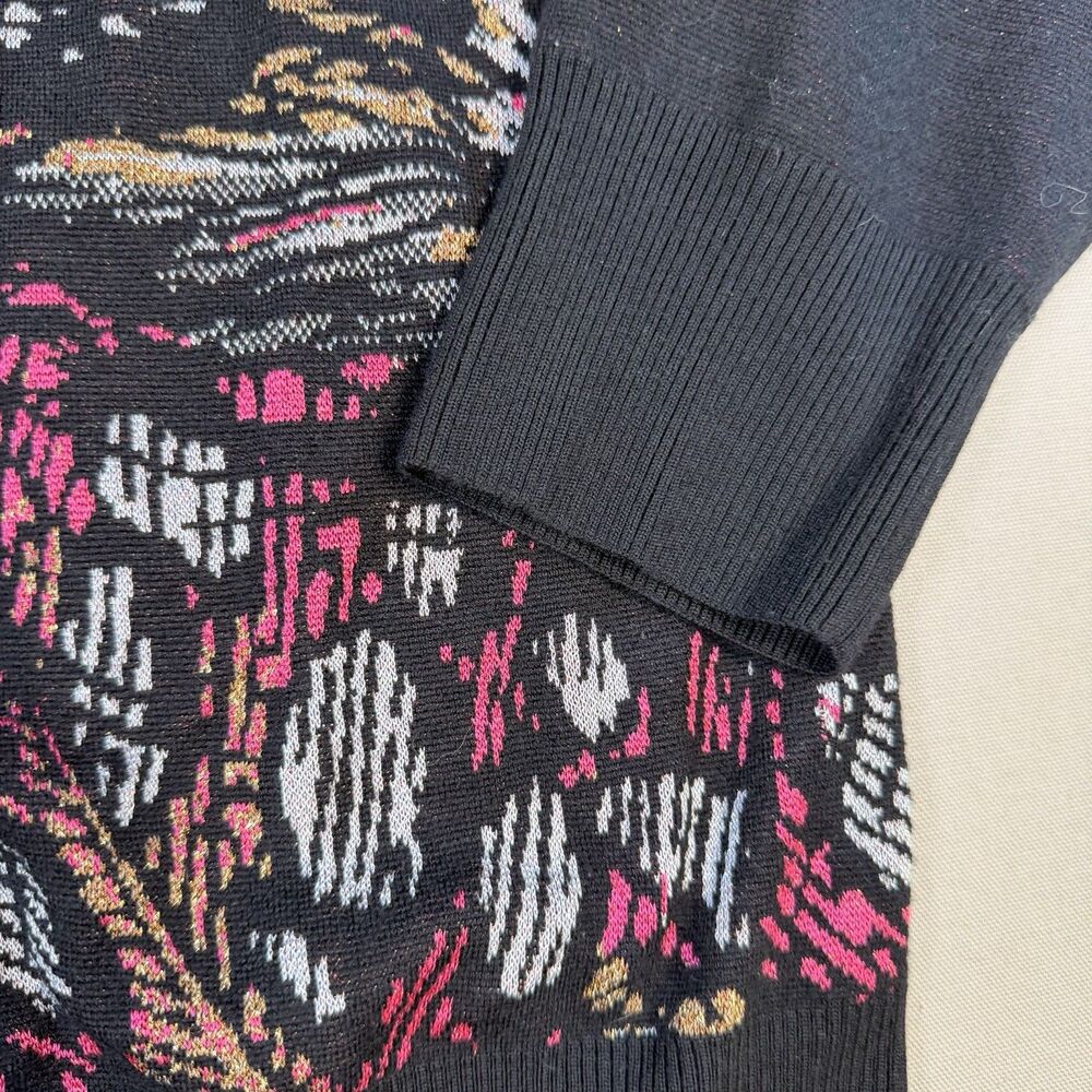 St. John Black Pink Gold Metallic Floral Print Wool Blend Cardigan Sweater Large - Picture 10 of 13